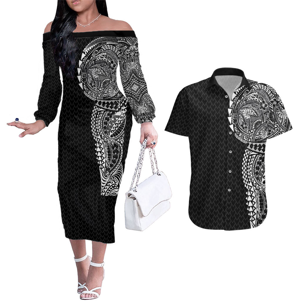 Hawaiian Traditional Tattoos Couples Matching Off The Shoulder Long Sleeve Dress and Hawaiian Shirt Kakau Tribal Tropical Plant Motif Black Color LT03 Black - Polynesian Pride
