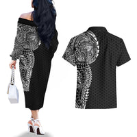 Hawaiian Traditional Tattoos Couples Matching Off The Shoulder Long Sleeve Dress and Hawaiian Shirt Kakau Tribal Tropical Plant Motif Black Color LT03 - Polynesian Pride