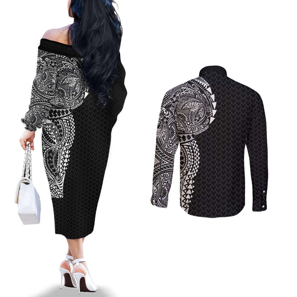Hawaiian Traditional Tattoos Couples Matching Off The Shoulder Long Sleeve Dress and Long Sleeve Button Shirt Kakau Tribal Tropical Plant Motif Black Color LT03 - Polynesian Pride