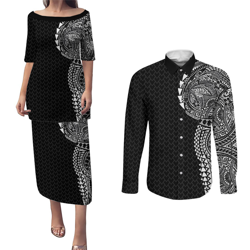Hawaiian Traditional Tattoos Couples Matching Puletasi and Long Sleeve Button Shirt Kakau Tribal Tropical Plant Motif Black Color LT03 Black - Polynesian Pride