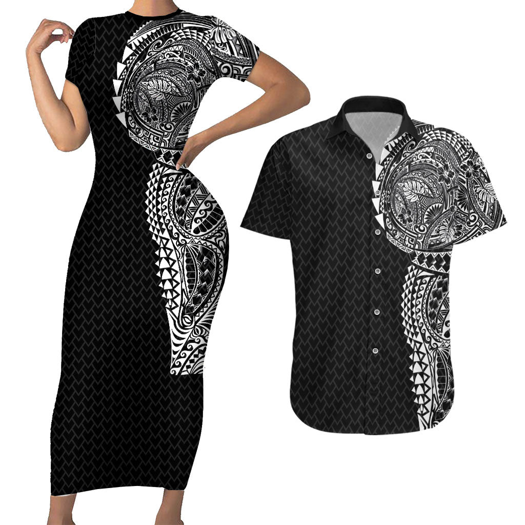 Hawaiian Traditional Tattoos Couples Matching Short Sleeve Bodycon Dress and Hawaiian Shirt Kakau Tribal Tropical Plant Motif Black Color LT03 Black - Polynesian Pride