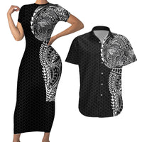 Hawaiian Traditional Tattoos Couples Matching Short Sleeve Bodycon Dress and Hawaiian Shirt Kakau Tribal Tropical Plant Motif Black Color LT03 Black - Polynesian Pride