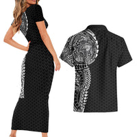 Hawaiian Traditional Tattoos Couples Matching Short Sleeve Bodycon Dress and Hawaiian Shirt Kakau Tribal Tropical Plant Motif Black Color LT03 - Polynesian Pride