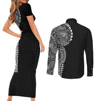 Hawaiian Traditional Tattoos Couples Matching Short Sleeve Bodycon Dress and Long Sleeve Button Shirt Kakau Tribal Tropical Plant Motif Black Color LT03 - Polynesian Pride