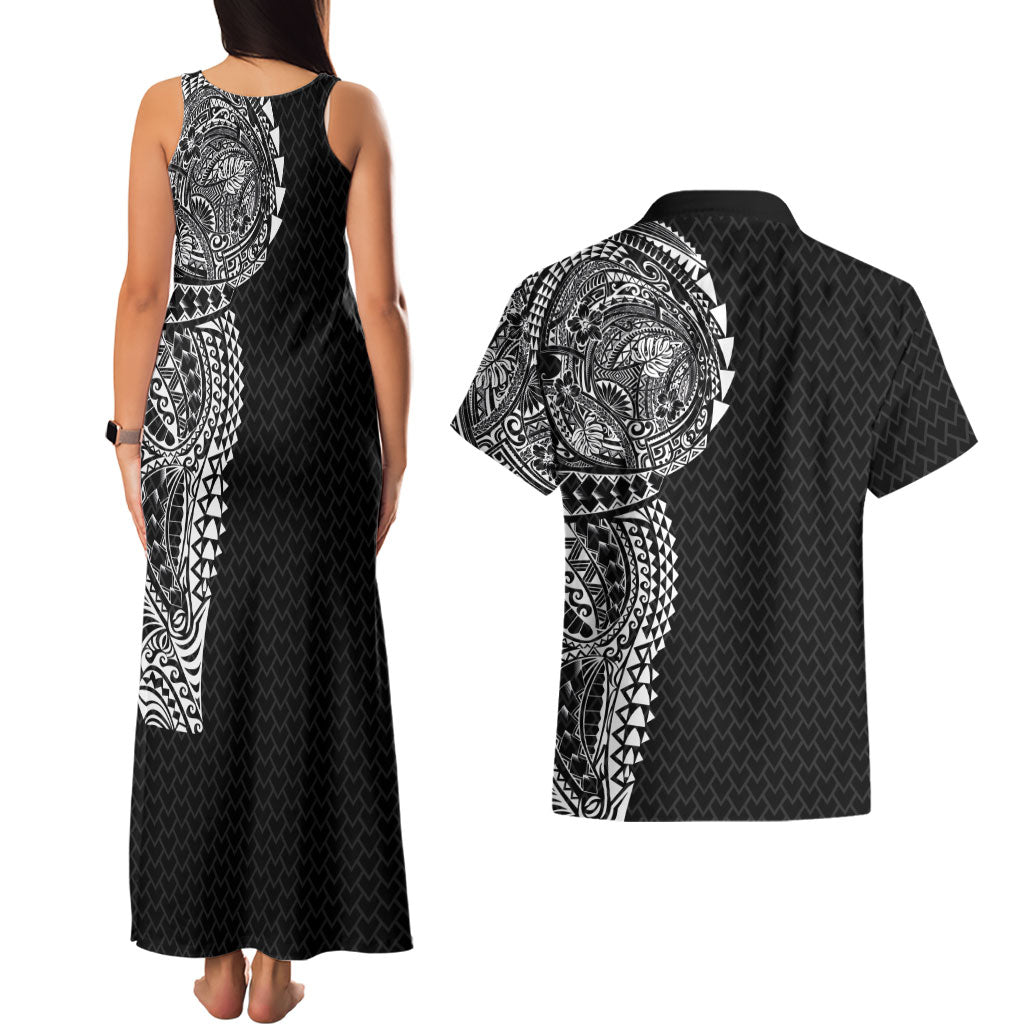 Hawaiian Traditional Tattoos Couples Matching Tank Maxi Dress and Hawaiian Shirt Kakau Tribal Tropical Plant Motif Black Color LT03 - Polynesian Pride