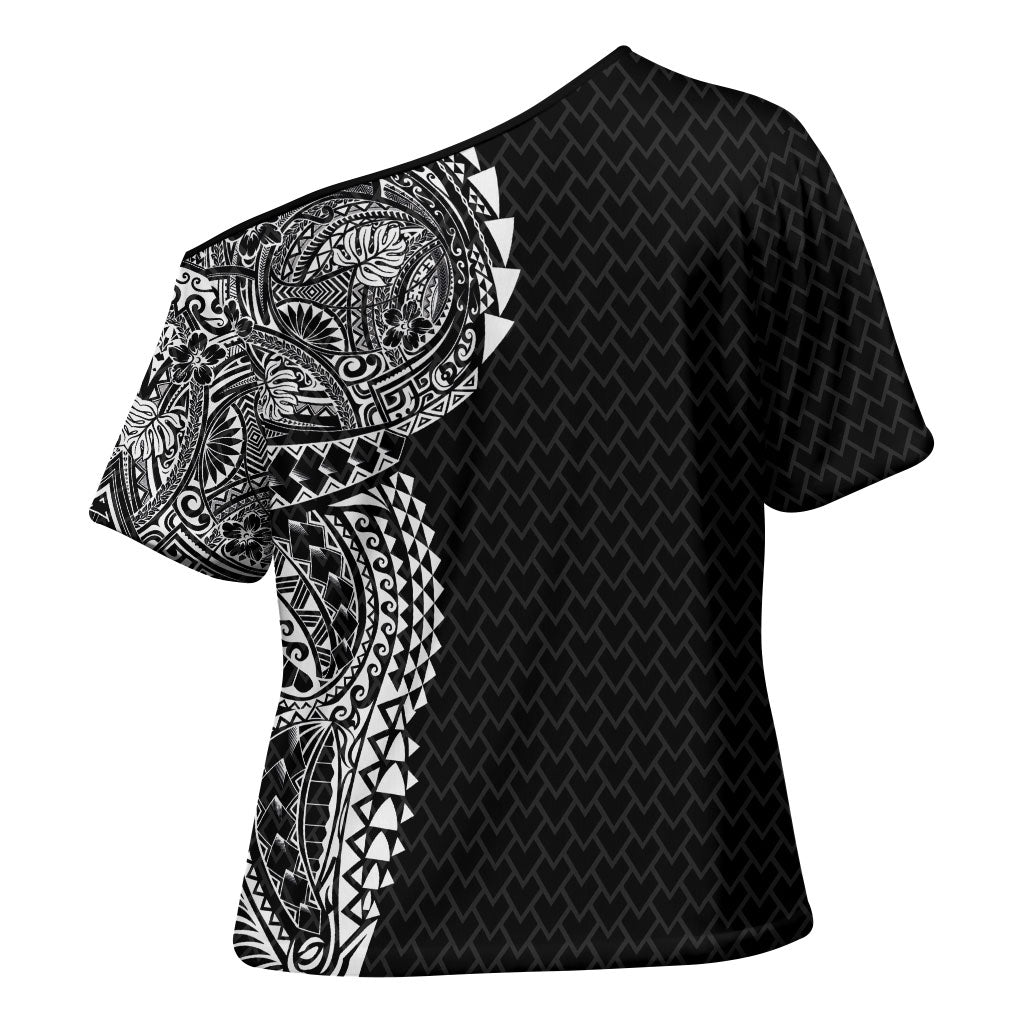 Hawaiian Traditional Tattoos Cross Shoulder Shirt Kakau Tribal Tropical Plant Motif Black Color LT03 - Polynesian Pride