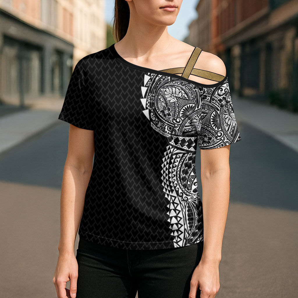 Hawaiian Traditional Tattoos Cross Shoulder Shirt Kakau Tribal Tropical Plant Motif Black Color LT03 - Polynesian Pride