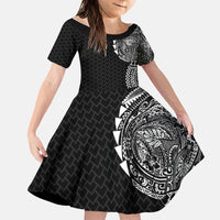 Hawaiian Traditional Tattoos Family Matching Off Shoulder Maxi Dress and Hawaiian Shirt Kakau Tribal Tropical Plant Motif Black Color LT03 Daughter's Dress Black - Polynesian Pride