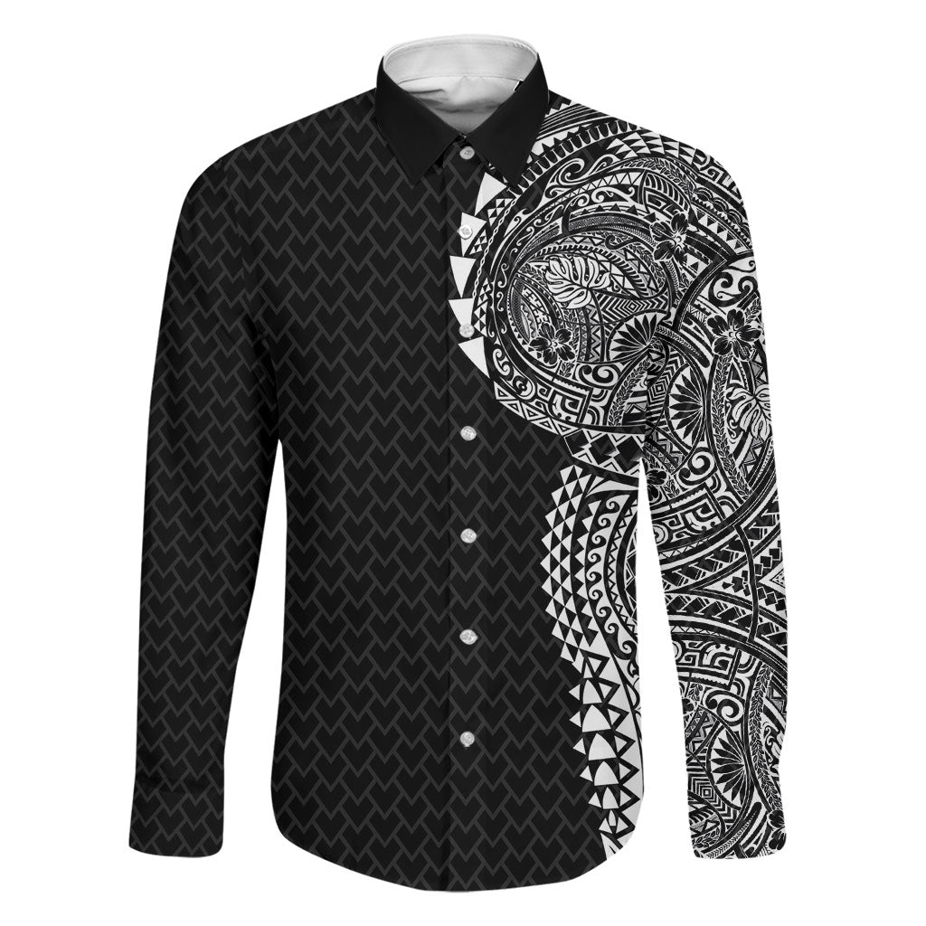 Hawaiian Traditional Tattoos Family Matching Off Shoulder Maxi Dress and Hawaiian Shirt Kakau Tribal Tropical Plant Motif Black Color LT03 Dad's Shirt - Long Sleeve Black - Polynesian Pride