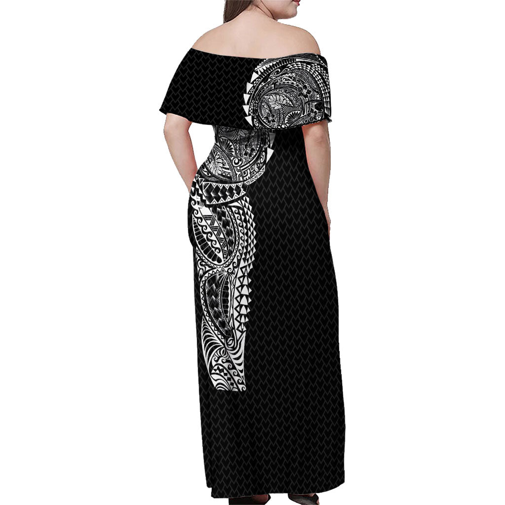 Hawaiian Traditional Tattoos Family Matching Off Shoulder Maxi Dress and Hawaiian Shirt Kakau Tribal Tropical Plant Motif Black Color LT03 - Polynesian Pride