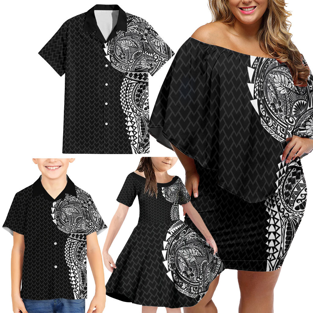 Hawaiian Traditional Tattoos Family Matching Off Shoulder Short Dress and Hawaiian Shirt Kakau Tribal Tropical Plant Motif Black Color LT03 - Polynesian Pride