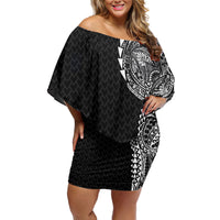 Hawaiian Traditional Tattoos Family Matching Off Shoulder Short Dress and Hawaiian Shirt Kakau Tribal Tropical Plant Motif Black Color LT03 Mom's Dress Black - Polynesian Pride