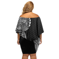Hawaiian Traditional Tattoos Family Matching Off Shoulder Short Dress and Hawaiian Shirt Kakau Tribal Tropical Plant Motif Black Color LT03 - Polynesian Pride