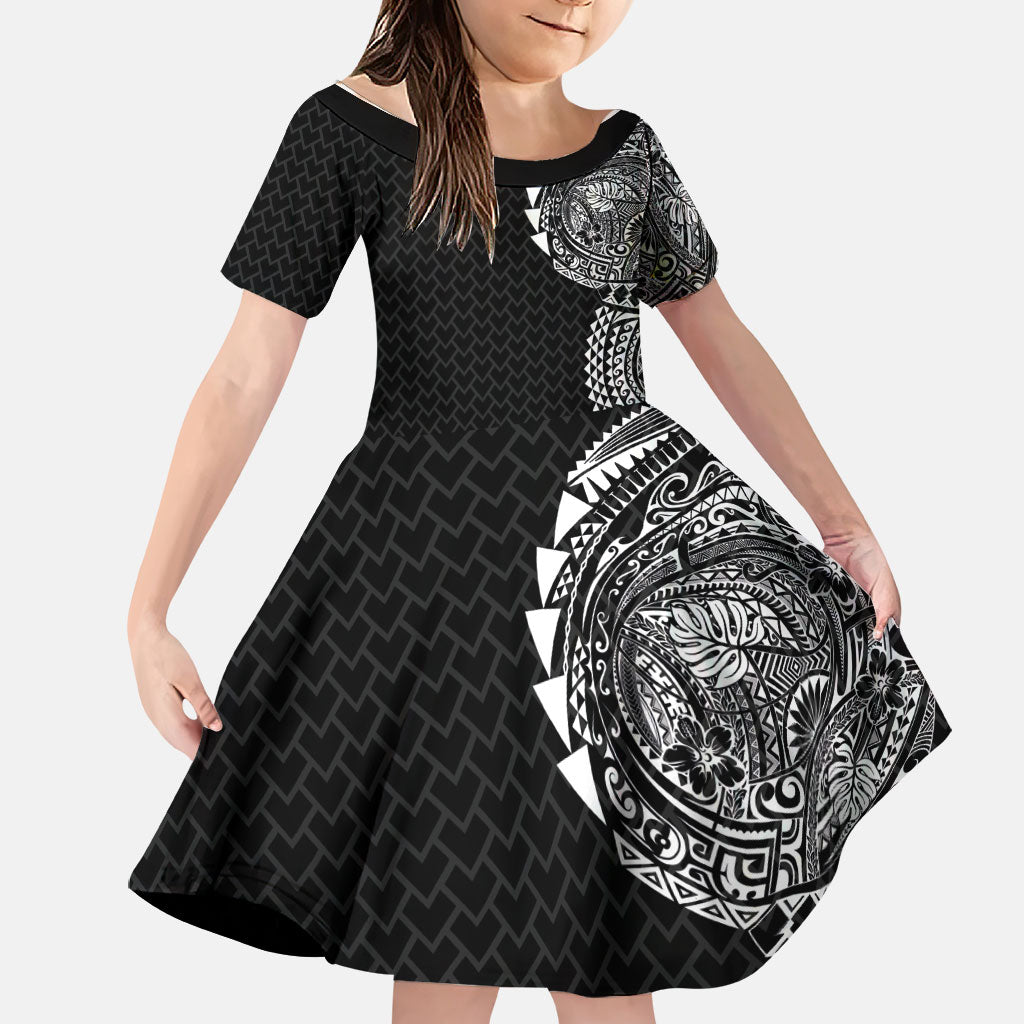 Hawaiian Traditional Tattoos Family Matching Puletasi and Hawaiian Shirt Kakau Tribal Tropical Plant Motif Black Color LT03 Daughter's Dress Black - Polynesian Pride