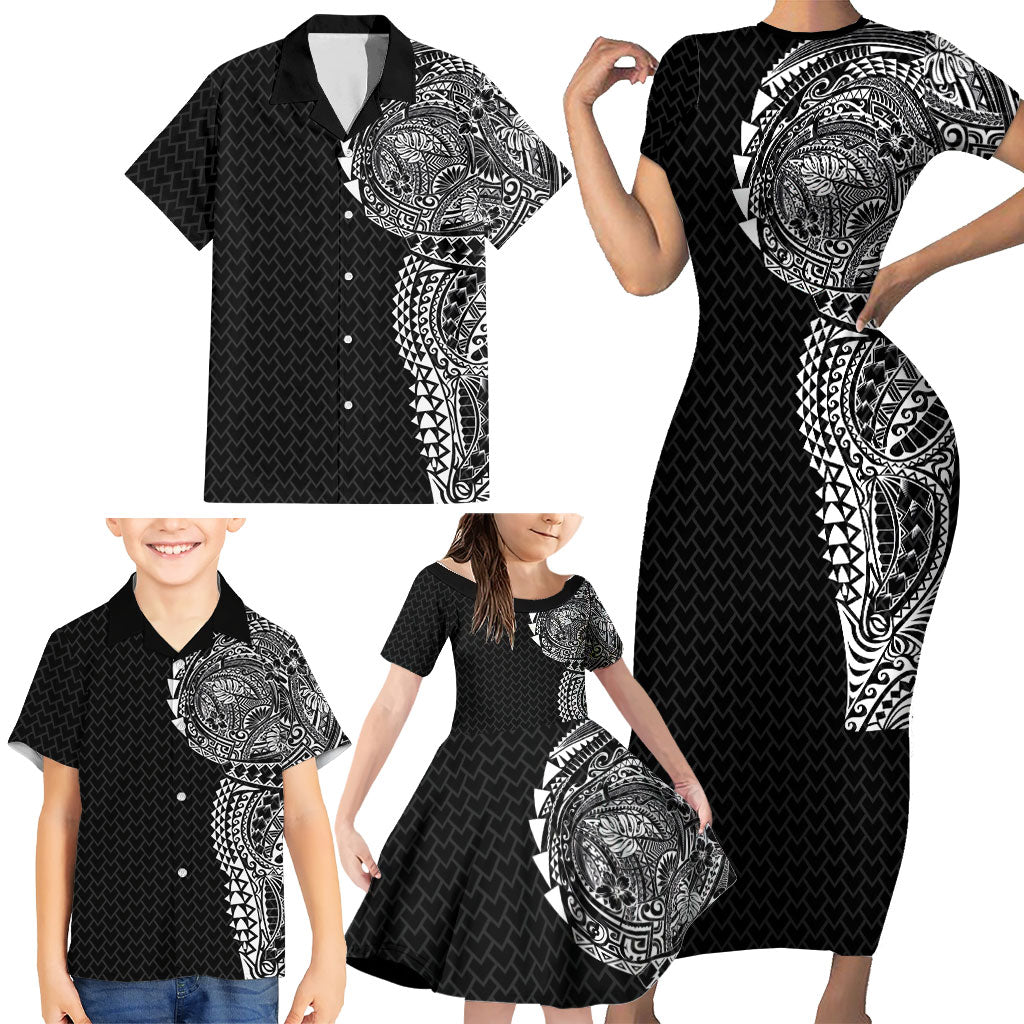 Hawaiian Traditional Tattoos Family Matching Short Sleeve Bodycon Dress and Hawaiian Shirt Kakau Tribal Tropical Plant Motif Black Color LT03 - Polynesian Pride