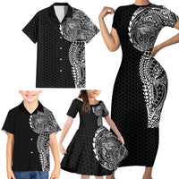 Hawaiian Traditional Tattoos Family Matching Short Sleeve Bodycon Dress and Hawaiian Shirt Kakau Tribal Tropical Plant Motif Black Color LT03 - Polynesian Pride