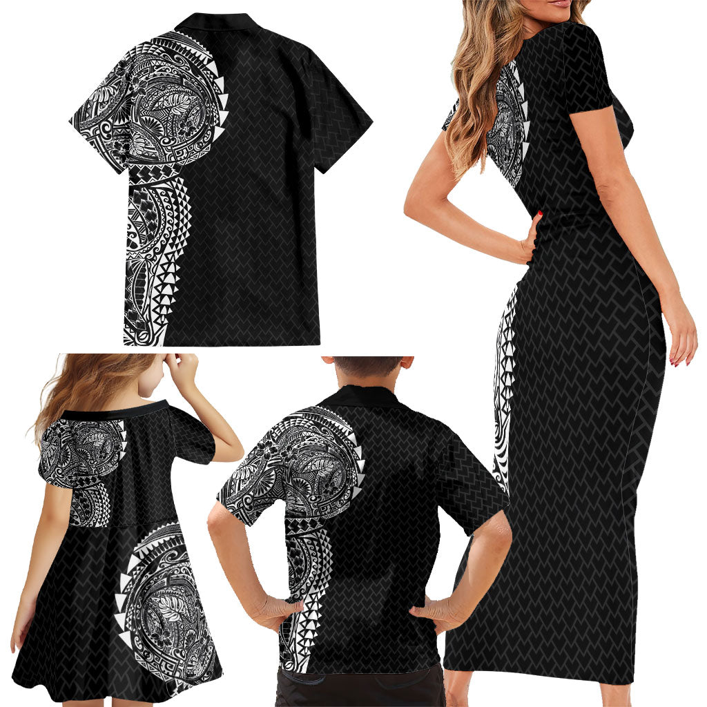Hawaiian Traditional Tattoos Family Matching Short Sleeve Bodycon Dress and Hawaiian Shirt Kakau Tribal Tropical Plant Motif Black Color LT03 - Polynesian Pride