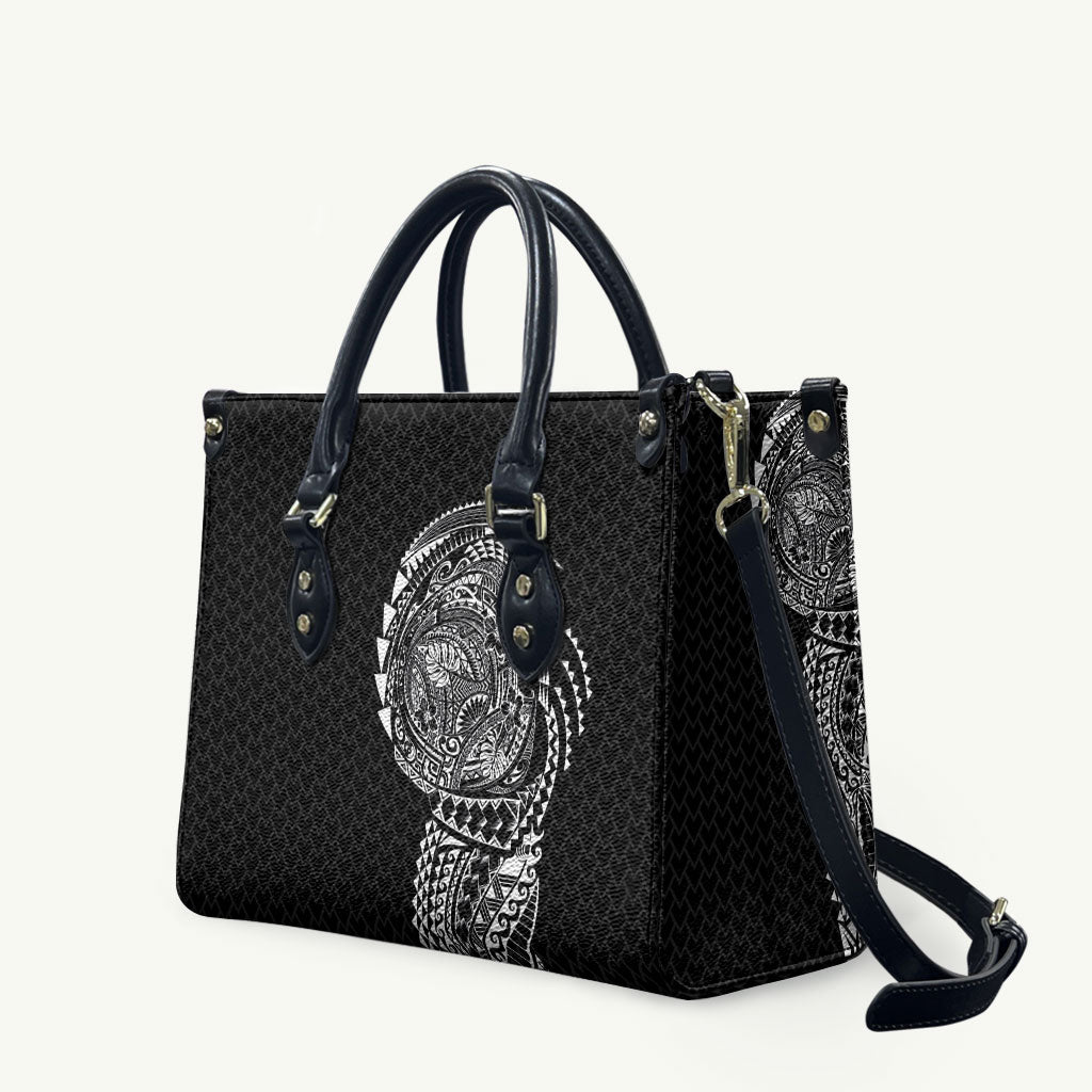 Hawaiian Traditional Tattoos Leather Bag Kakau Tribal Tropical Plant Motif Black Color LT03 Black - Polynesian Pride