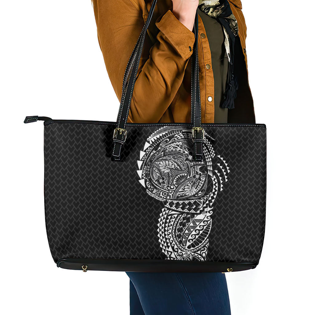 Hawaiian Traditional Tattoos Leather Tote Bag Kakau Tribal Tropical Plant Motif Black Color LT03 - Polynesian Pride