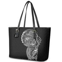 Hawaiian Traditional Tattoos Leather Tote Bag Kakau Tribal Tropical Plant Motif Black Color LT03 - Polynesian Pride