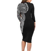 Hawaiian Traditional Tattoos Long Sleeve Bodycon Dress Kakau Tribal Tropical Plant Motif Black Color LT03 - Polynesian Pride