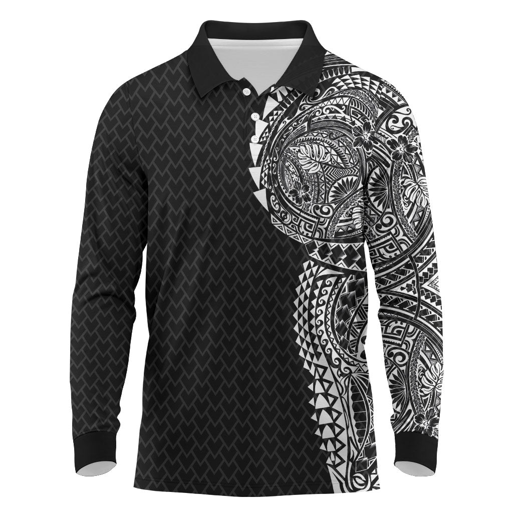 Hawaiian Traditional Tattoos Long Sleeve Polo Shirt Kakau Tribal Tropical Plant Motif Black Color LT03 Black - Polynesian Pride