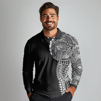 Hawaiian Traditional Tattoos Long Sleeve Polo Shirt Kakau Tribal Tropical Plant Motif Black Color LT03 - Polynesian Pride