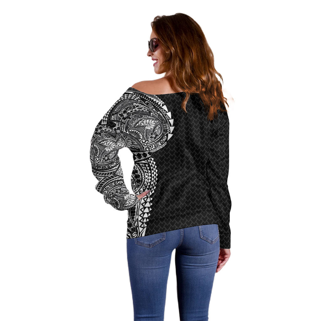 Hawaiian Traditional Tattoos Off Shoulder Sweater Kakau Tribal Tropical Plant Motif Black Color LT03 - Polynesian Pride