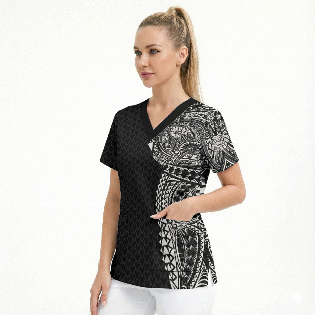 Hawaiian Traditional Tattoos Scrub Top Kakau Tribal Tropical Plant Motif Black Color LT03 - Polynesian Pride