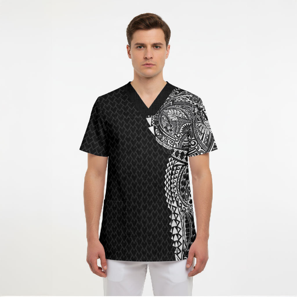 Hawaiian Traditional Tattoos Scrub Top Kakau Tribal Tropical Plant Motif Black Color LT03 - Polynesian Pride