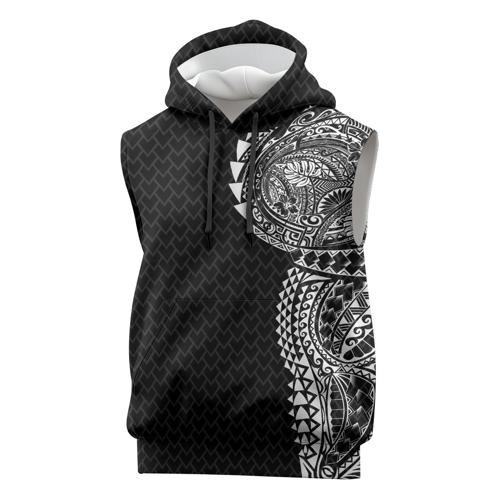 Hawaiian Traditional Tattoos Sleeveless Hoodie Kakau Tribal Tropical Plant Motif Black Color