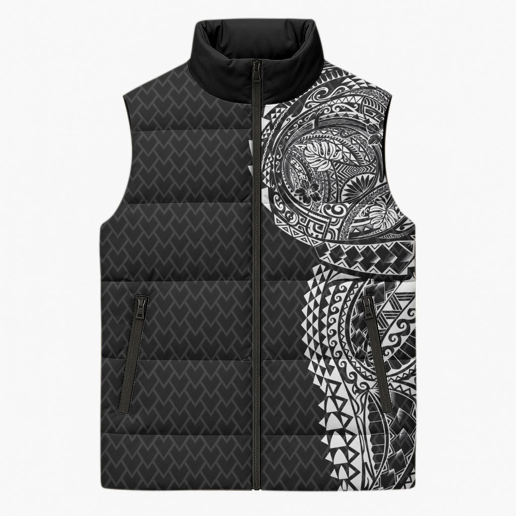 Hawaiian Traditional Tattoos Sleeveless Puffer Jacket Kakau Tribal Tropical Plant Motif Black Color LT03 Unisex Black - Polynesian Pride