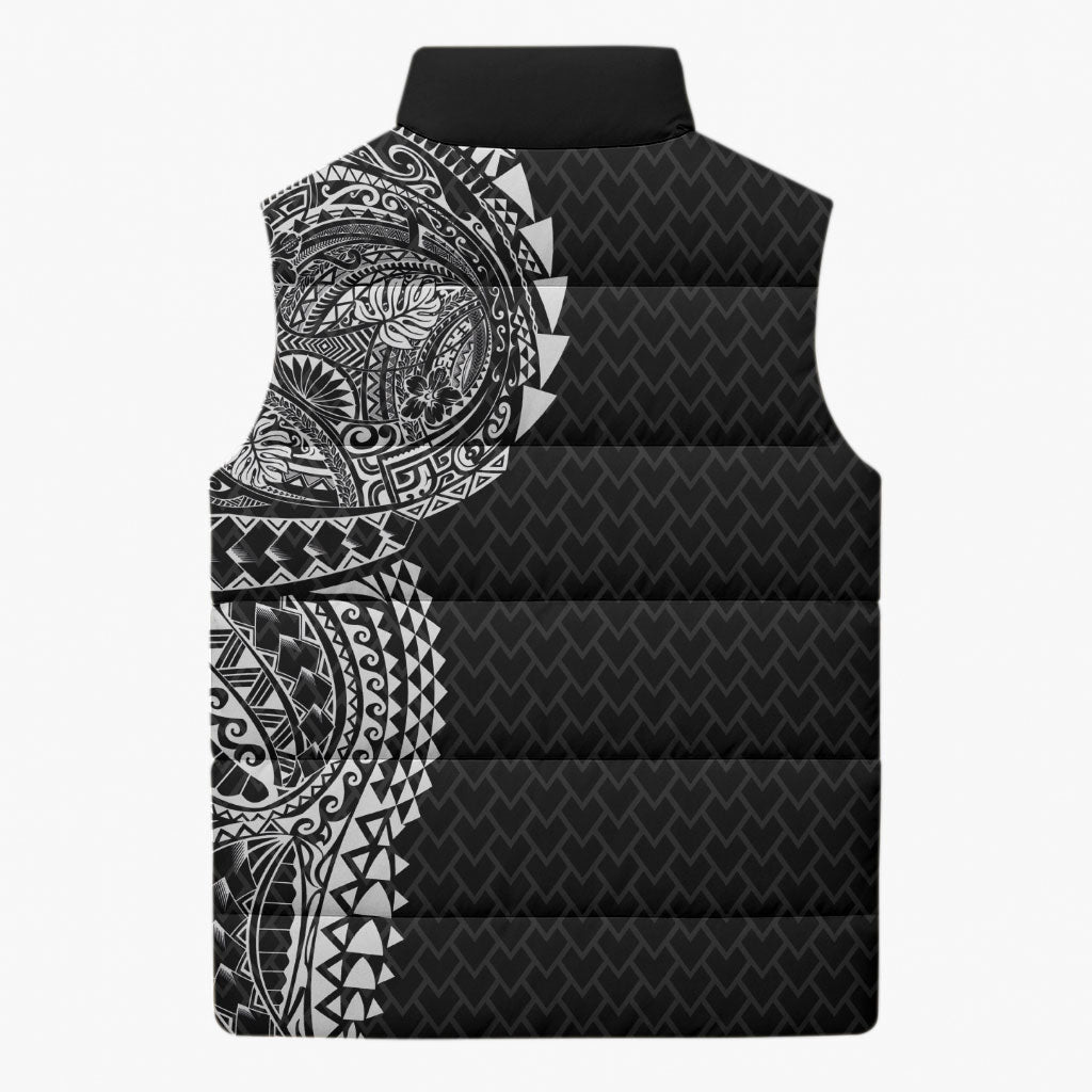 Hawaiian Traditional Tattoos Sleeveless Puffer Jacket Kakau Tribal Tropical Plant Motif Black Color LT03 - Polynesian Pride