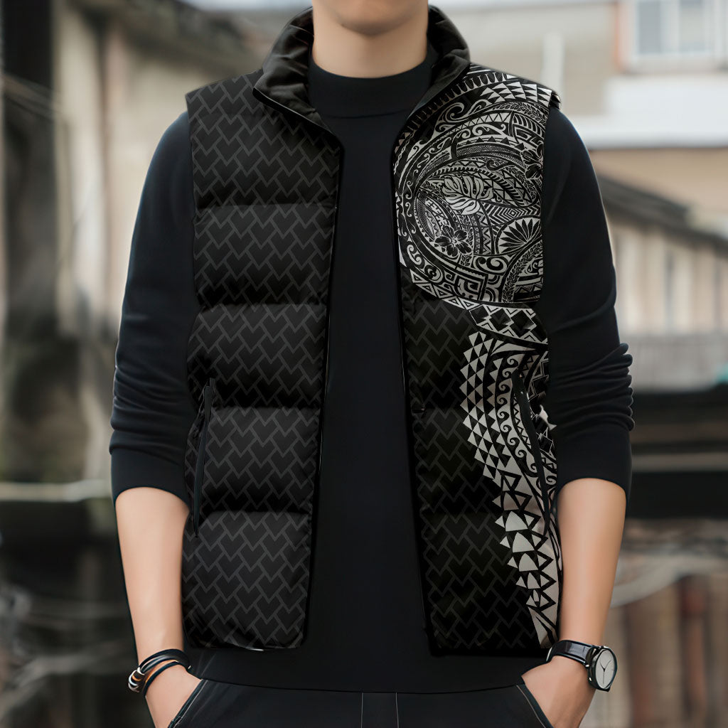 Hawaiian Traditional Tattoos Sleeveless Puffer Jacket Kakau Tribal Tropical Plant Motif Black Color LT03 - Polynesian Pride