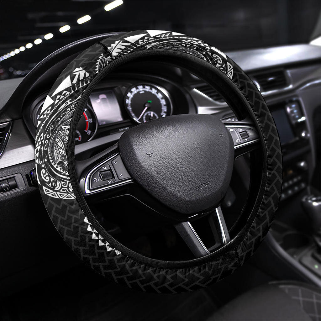 Hawaiian Traditional Tattoos Steering Wheel Cover Kakau Tribal Tropical Plant Motif Black Color LT03 Universal Fit Black - Polynesian Pride