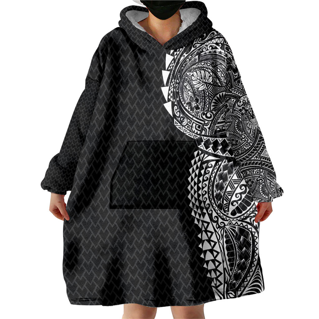 Hawaiian Traditional Tattoos Wearable Blanket Hoodie Kakau Tribal Tropical Plant Motif Black Color LT03 - Polynesian Pride