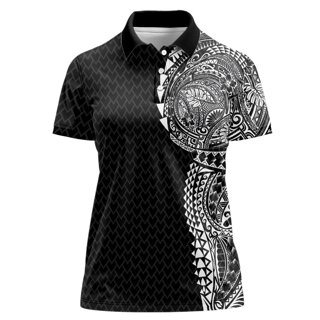 Hawaiian Traditional Tattoos Women Polo Shirt Kakau Tribal Tropical Plant Motif Black Color