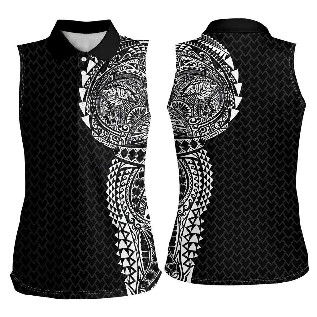 Hawaiian Traditional Tattoos Women Sleeveless Polo Shirt Kakau Tribal Tropical Plant Motif Black Color LT03 - Polynesian Pride