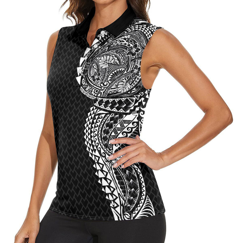 Hawaiian Traditional Tattoos Women Sleeveless Polo Shirt Kakau Tribal Tropical Plant Motif Black Color LT03 - Polynesian Pride