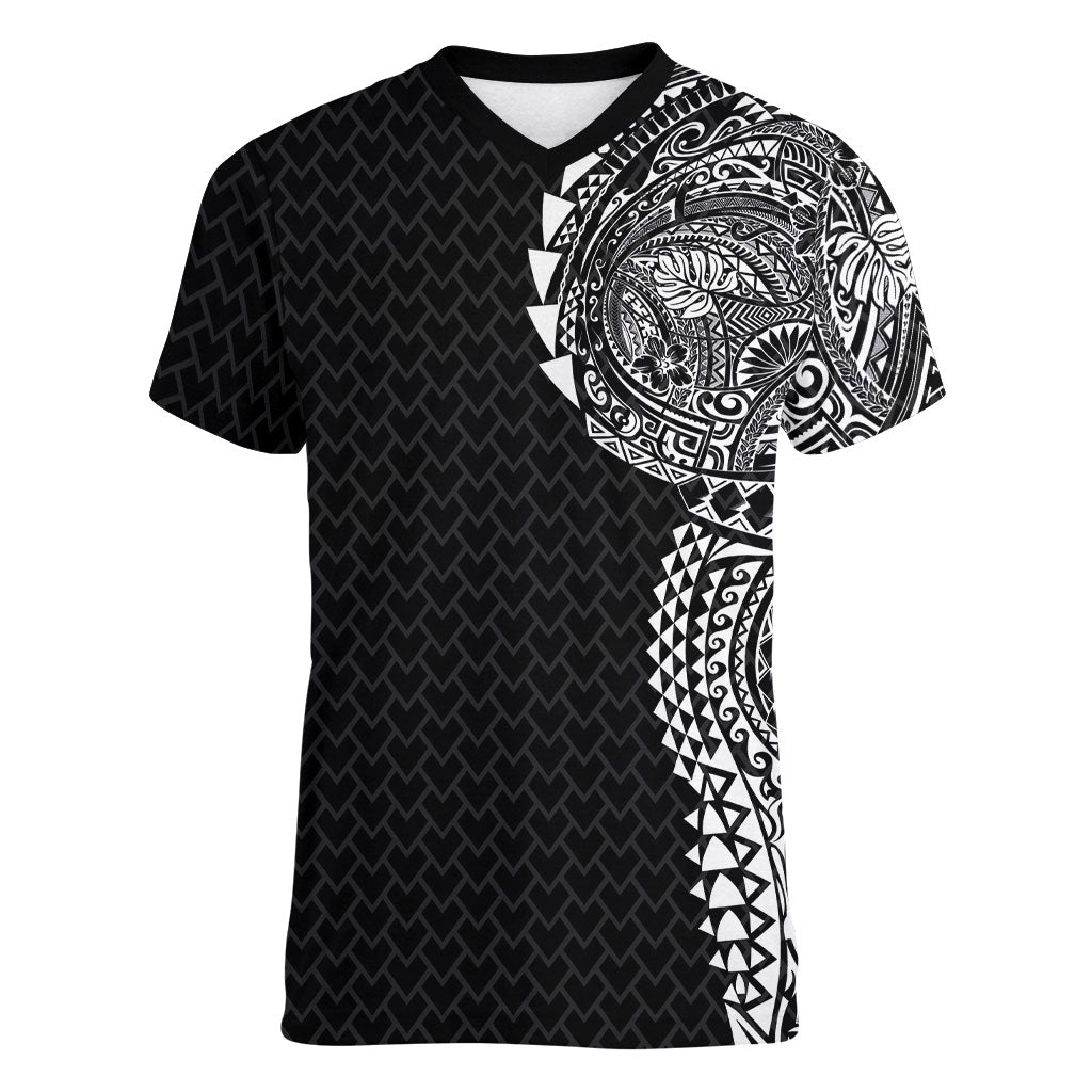 Hawaiian Traditional Tattoos Women V-Neck T-Shirt Kakau Tribal Tropical Plant Motif Black Color LT03 Female Black - Polynesian Pride