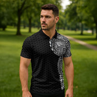 Hawaiian Traditional Tattoos Zipper Polo Shirt Kakau Tribal Tropical Plant Motif Black Color LT03 - Polynesian Pride