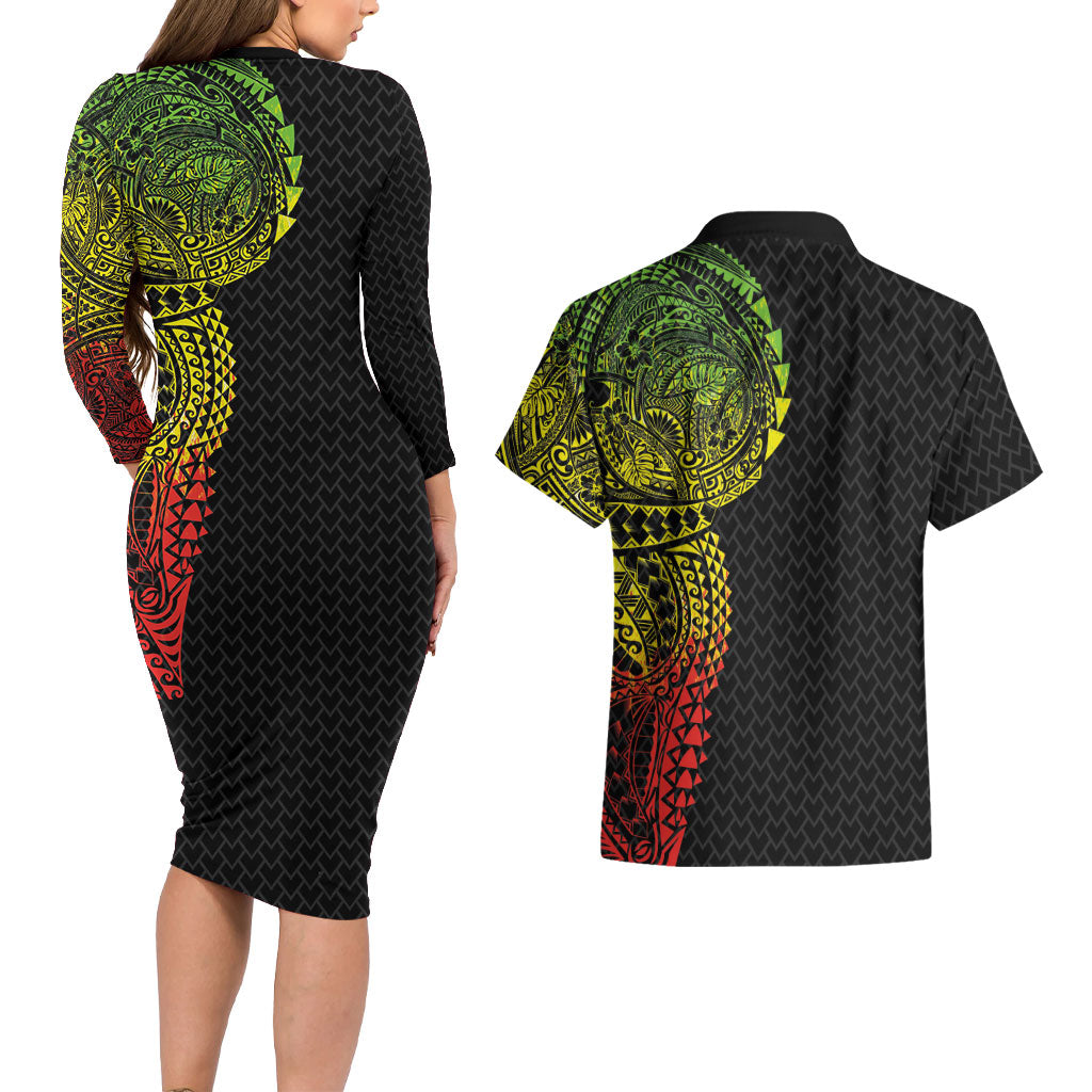 Hawaiian Traditional Tattoos Couples Matching Long Sleeve Bodycon Dress and Hawaiian Shirt Kakau Tribal Tropical Plant Motif Kanaka Maoli Flag Color Inspired LT03 - Polynesian Pride