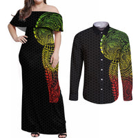 Hawaiian Traditional Tattoos Couples Matching Off Shoulder Maxi Dress and Long Sleeve Button Shirt Kakau Tribal Tropical Plant Motif Kanaka Maoli Flag Color Inspired LT03 Multicolor - Polynesian Pride
