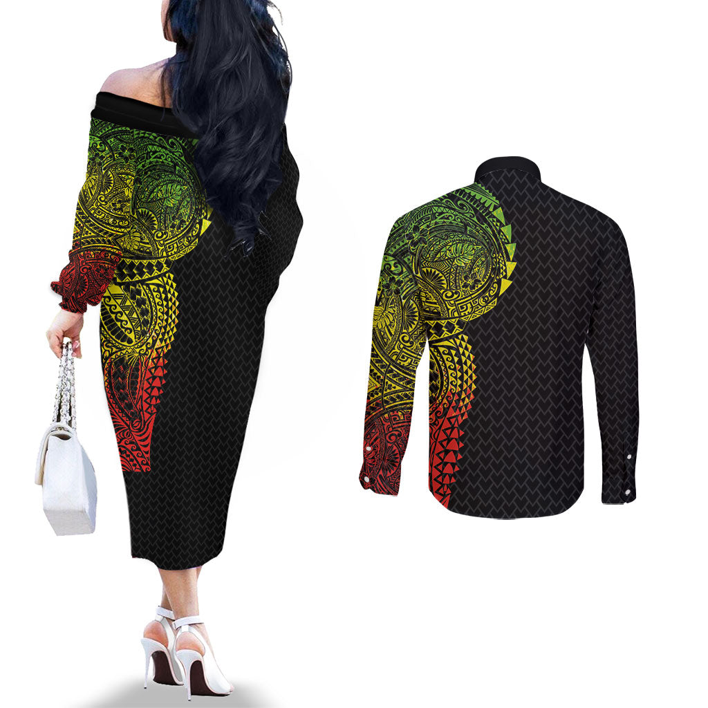 Hawaiian Traditional Tattoos Couples Matching Off The Shoulder Long Sleeve Dress and Long Sleeve Button Shirt Kakau Tribal Tropical Plant Motif Kanaka Maoli Flag Color Inspired LT03 - Polynesian Pride
