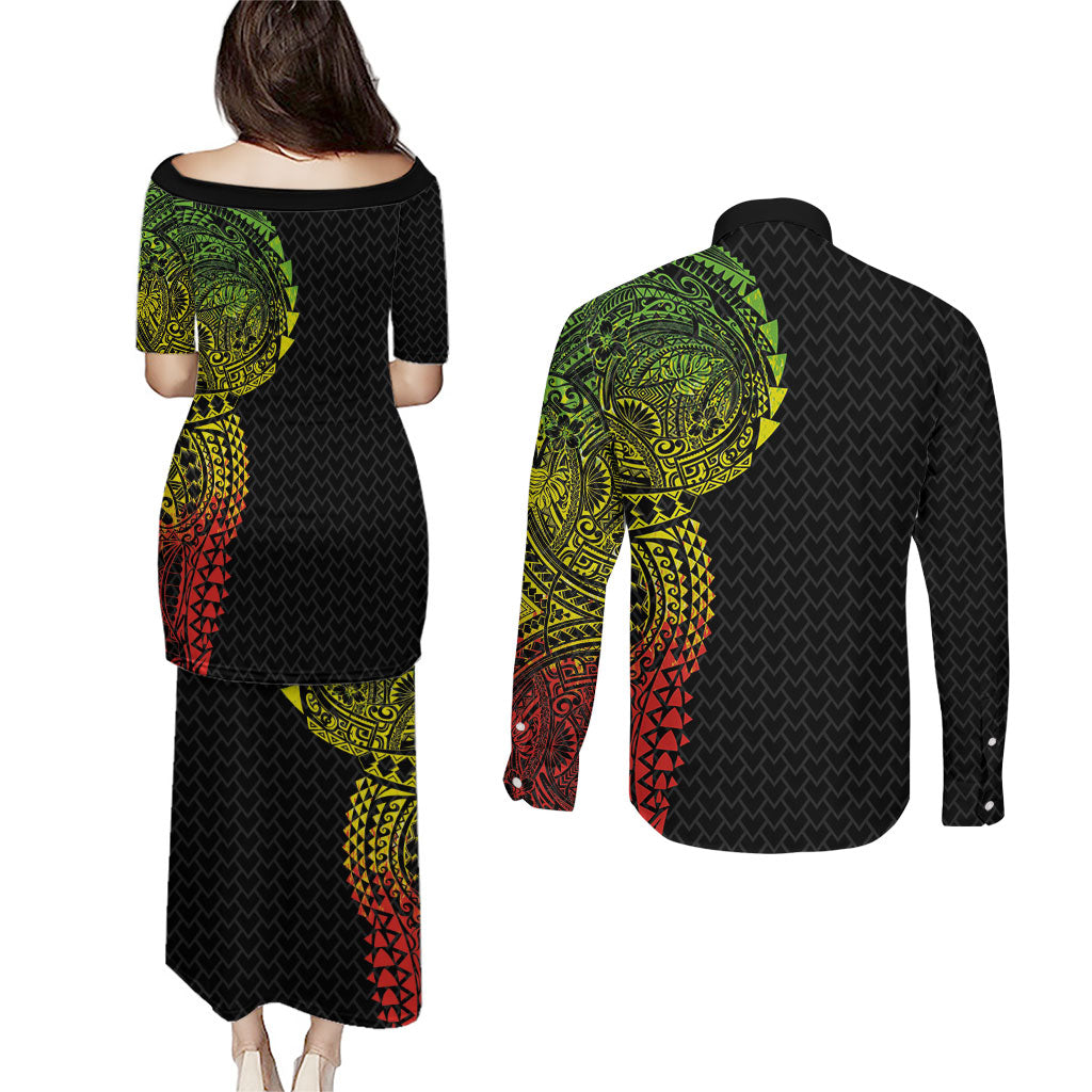 Hawaiian Traditional Tattoos Couples Matching Puletasi and Long Sleeve Button Shirt Kakau Tribal Tropical Plant Motif Kanaka Maoli Flag Color Inspired LT03 - Polynesian Pride