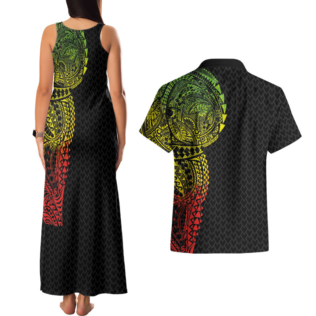 Hawaiian Traditional Tattoos Couples Matching Tank Maxi Dress and Hawaiian Shirt Kakau Tribal Tropical Plant Motif Kanaka Maoli Flag Color Inspired LT03 - Polynesian Pride