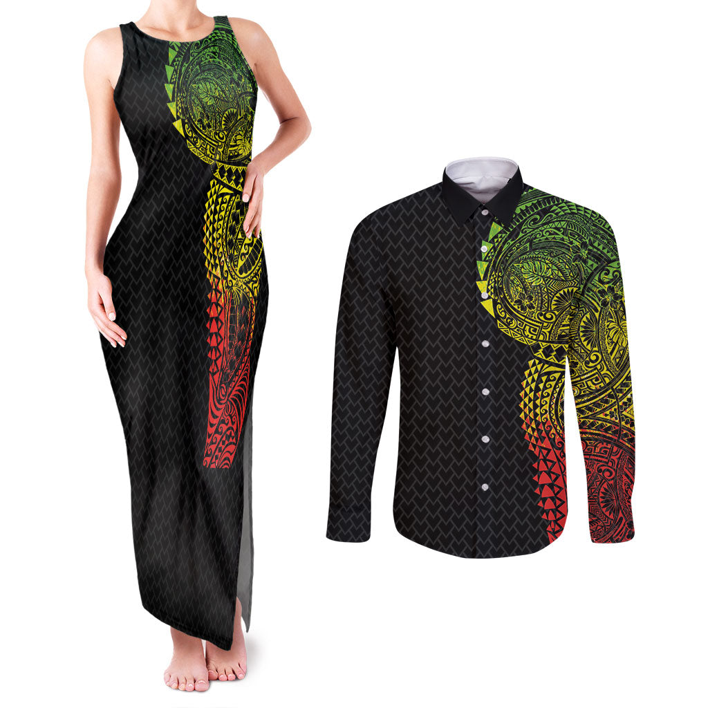 Hawaiian Traditional Tattoos Couples Matching Tank Maxi Dress and Long Sleeve Button Shirt Kakau Tribal Tropical Plant Motif Kanaka Maoli Flag Color Inspired LT03 Multicolor - Polynesian Pride