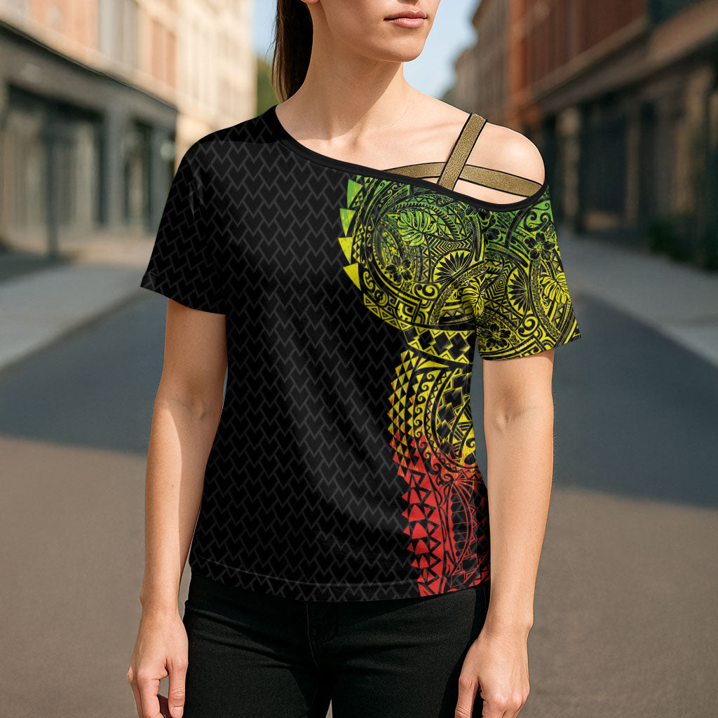 Hawaiian Traditional Tattoos Cross Shoulder Shirt Kakau Tribal Tropical Plant Motif Kanaka Maoli Flag Color Inspired LT03 - Polynesian Pride