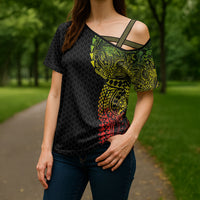 Hawaiian Traditional Tattoos Cross Shoulder Shirt Kakau Tribal Tropical Plant Motif Kanaka Maoli Flag Color Inspired LT03 - Polynesian Pride