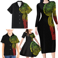 Hawaiian Traditional Tattoos Family Matching Long Sleeve Bodycon Dress and Hawaiian Shirt Kakau Tribal Tropical Plant Motif Kanaka Maoli Flag Color Inspired LT03 - Polynesian Pride